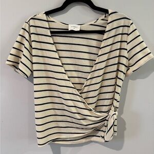 Everly Cream and Black Striped Wrap Short Sleeve Top Size Small